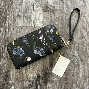 A New Day Double Zip Wallet Black Floral NWT